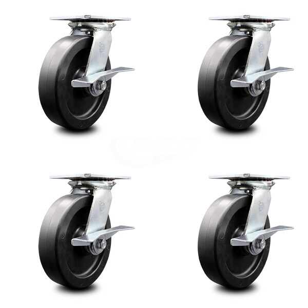 8 Inch Heavy Duty Polyolefin Caster Set with Ball Bearings and Brakes SCC
